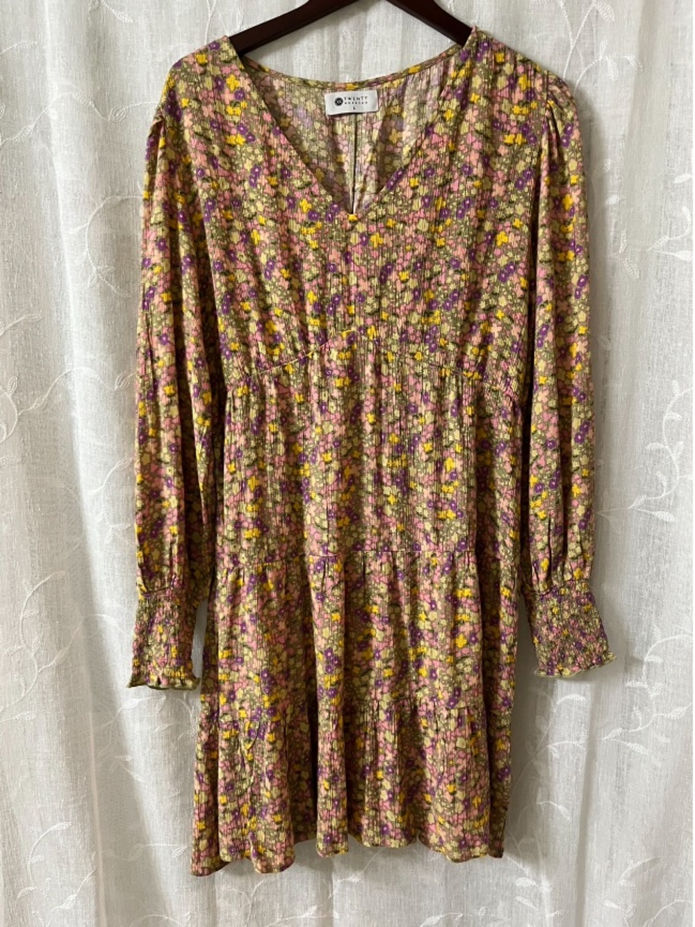 Twenty Dresses Floral Pink Yellow Long-Sleeve Tiered Dress Size Large